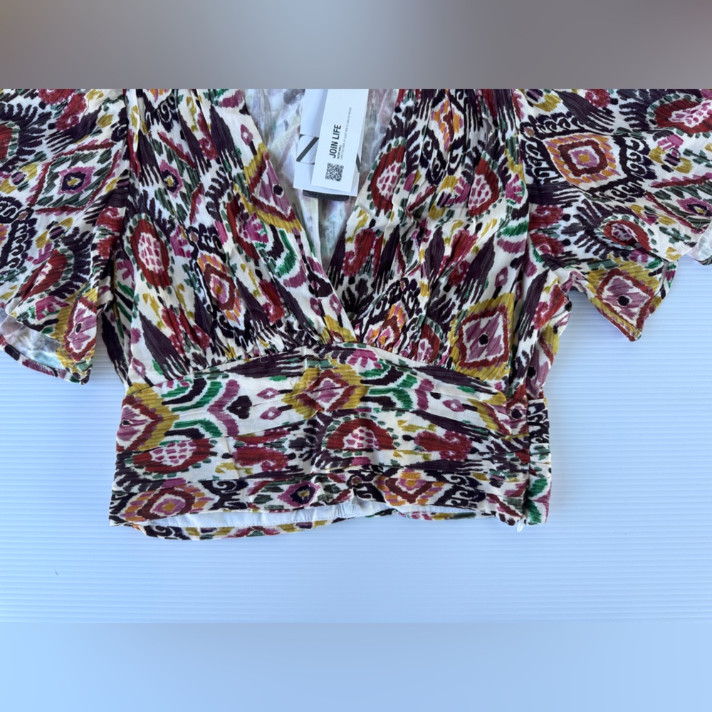 ZARA Ikat Print Puff Sleeve Crop Top - Size M NWT - Picture 10 of 12